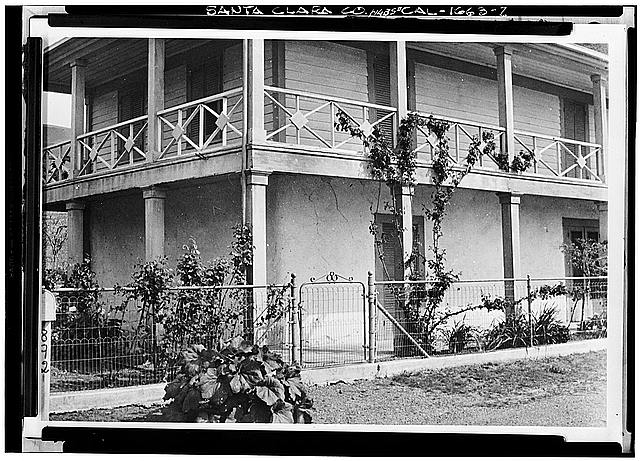 2.  Photocopy of February 1940 photograph by Willis Foster, rephotographed August 1940. DETAIL OF GALLERY, OR VERANDA - Jose Maria Alviso Adobe, Milpitas, Santa Clara County, CA
