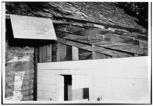 2.  EAST LEAN-TO PORCH, DETAIL OF ORIGINAL AND ALTERED ROOF CONSTRUCTION, PRIOR TO RESTORATION - Pena Adobe, Pena Adobe Road, Vacaville, Solano County, CA